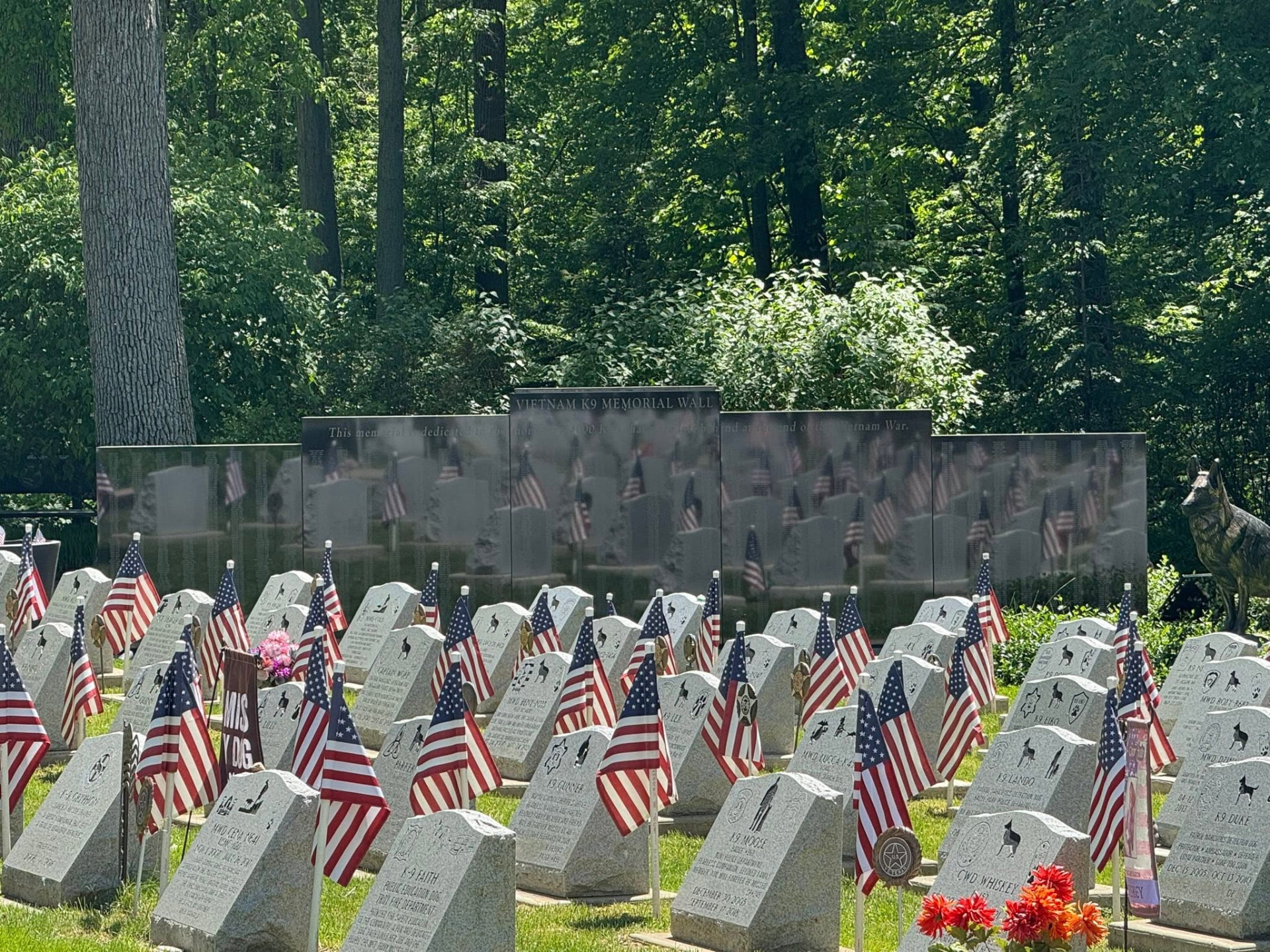 Vietnam K9 Memorial Wall with American flags at graves honoring military working dogs
