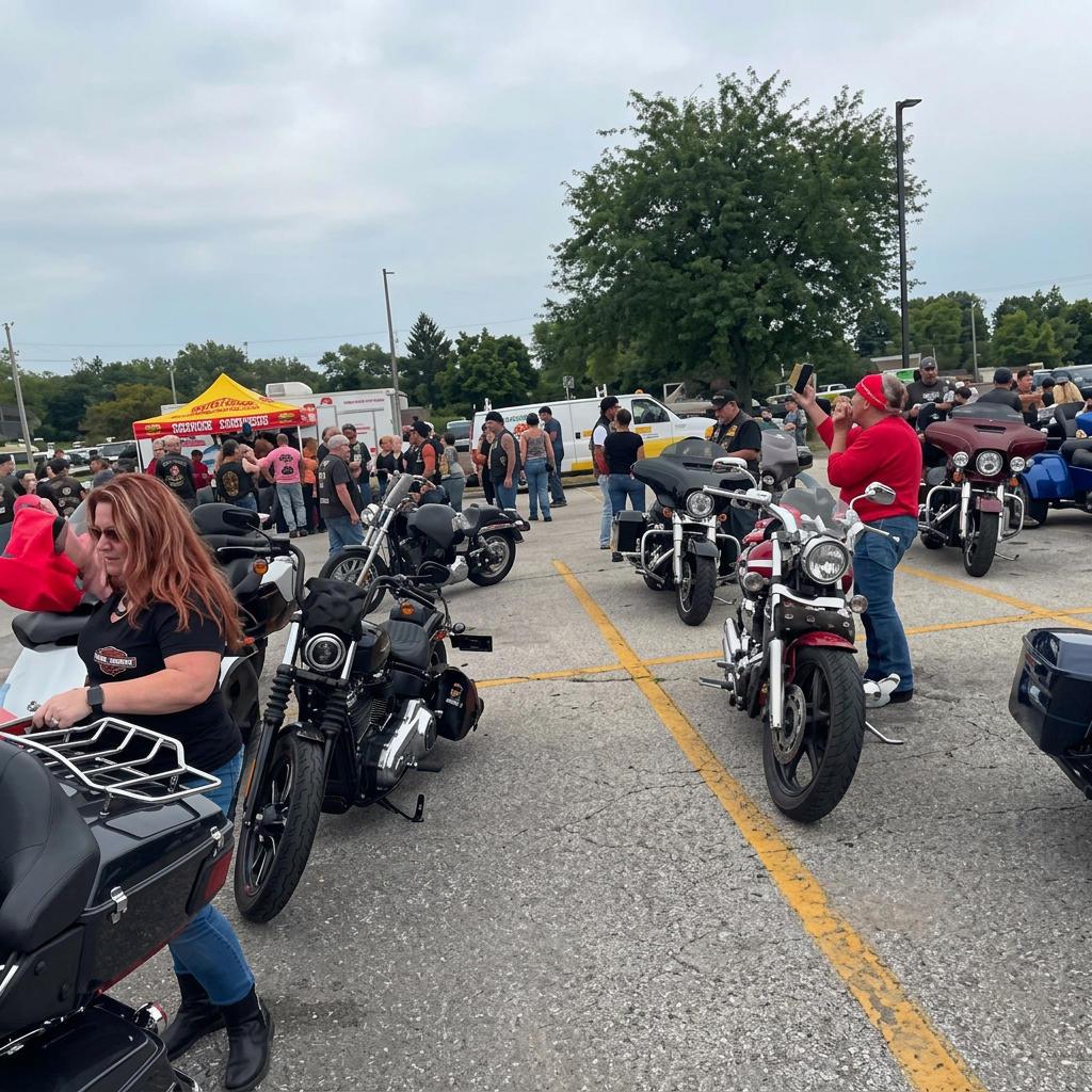 Riders and motorcycles staged at the Post for a Teddy Bear Run