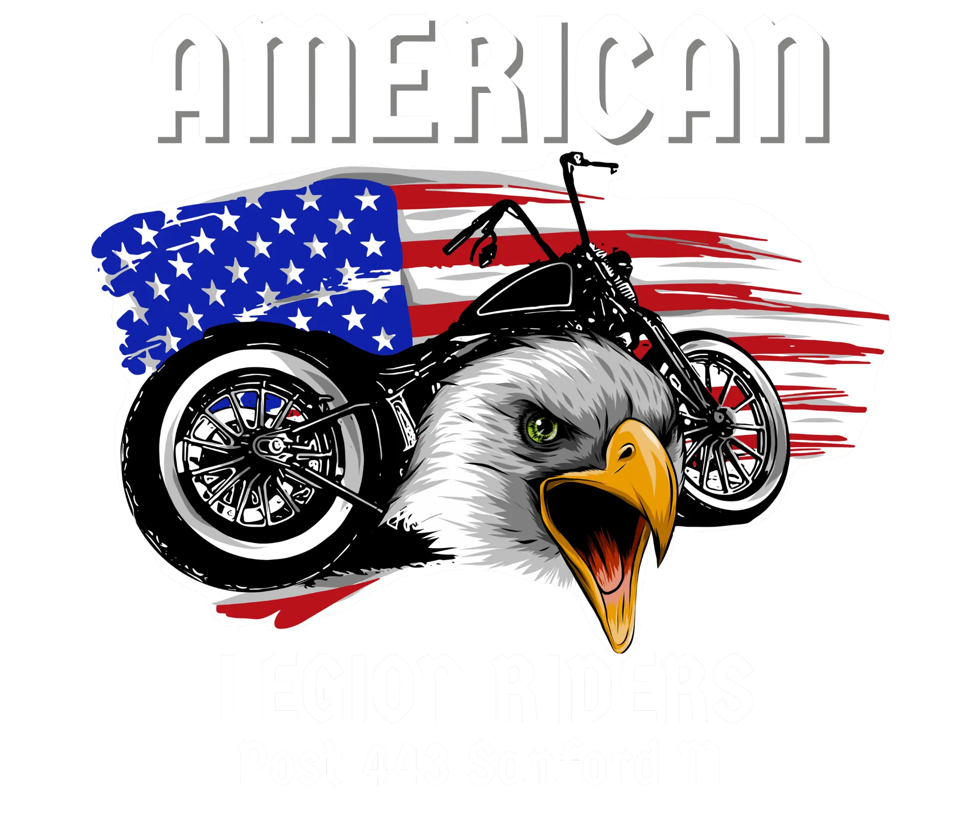 American Legion Riders logo featuring an eagle, motorcycle, and American flag with Post 443 Sanford MI lettering