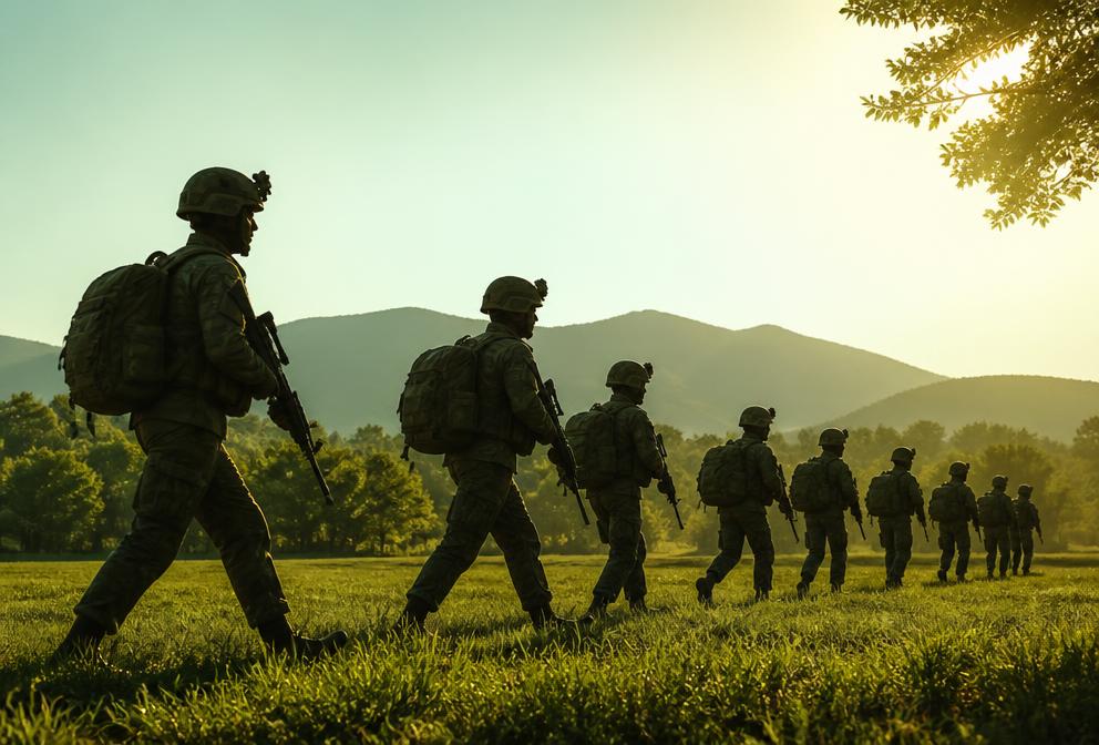 Soldiers in field gear moving across a green training field at first light