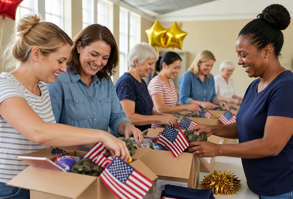 Volunteers packing care boxes with small American flags in a community hall