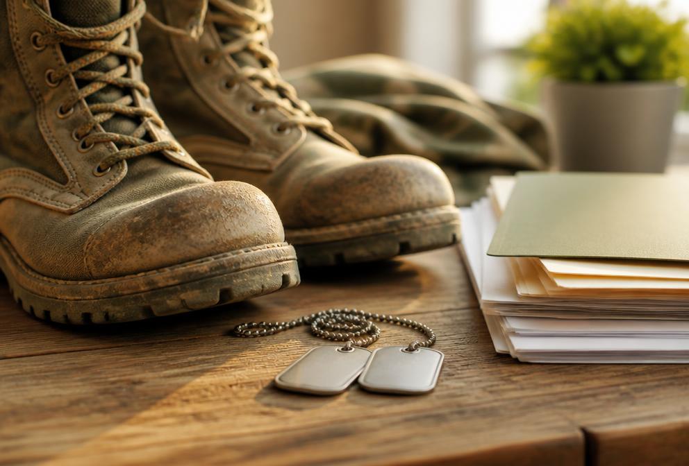 Worn service boots and dog tags beside benefit paperwork on a wooden table