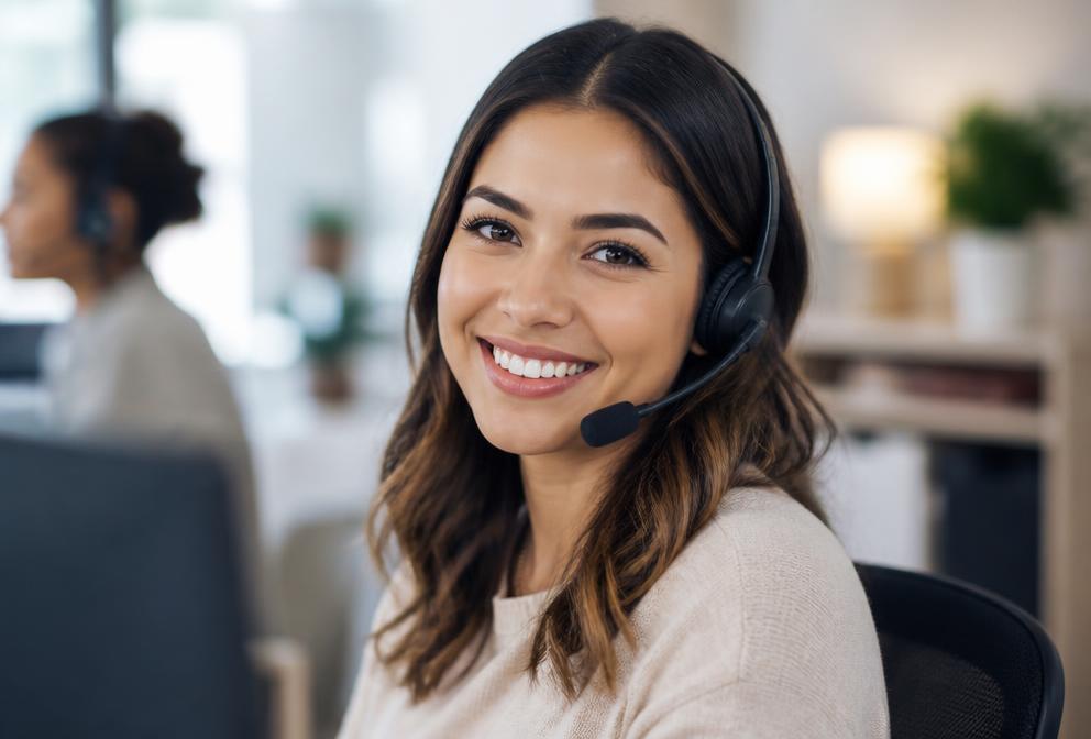 A friendly support representative wearing a phone headset