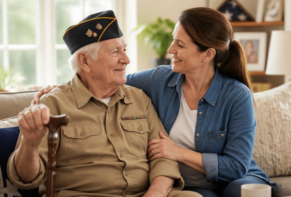 An adult daughter sitting with and caring for her elderly veteran father at home