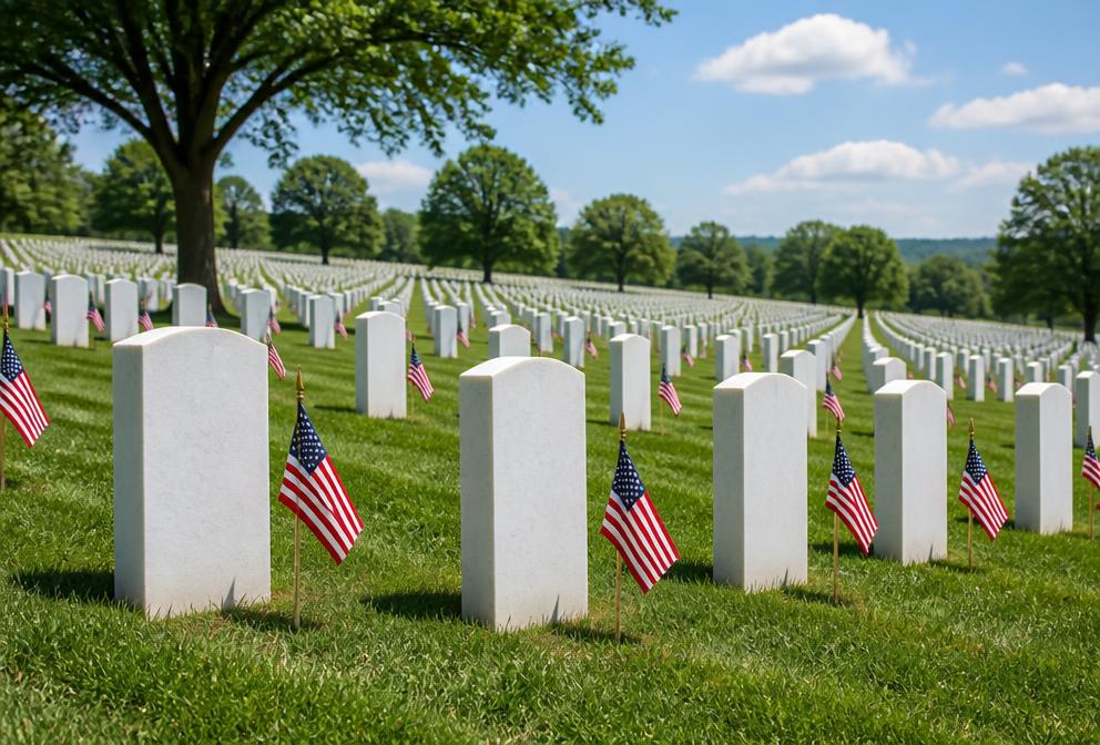 Rows of white military headstones with small American flags on green grass