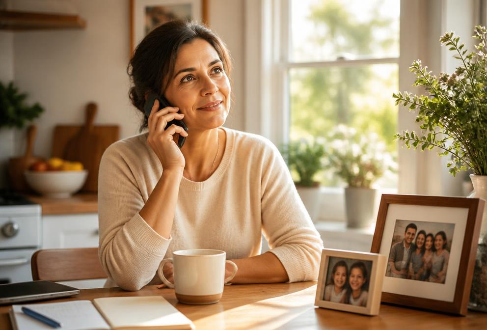 A woman on a phone call at a sunny kitchen table with family photos nearby