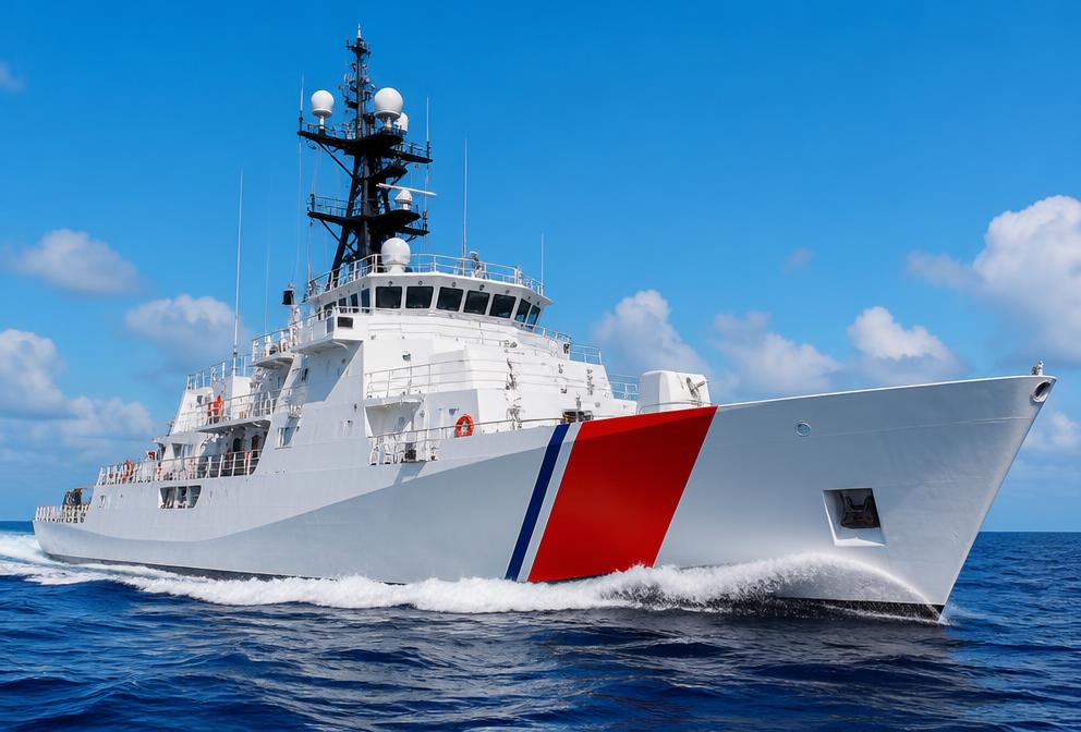 A white Coast Guard cutter with a red racing stripe cutting through ocean water