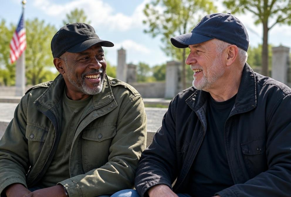 Two veterans sitting outdoors talking and laughing together