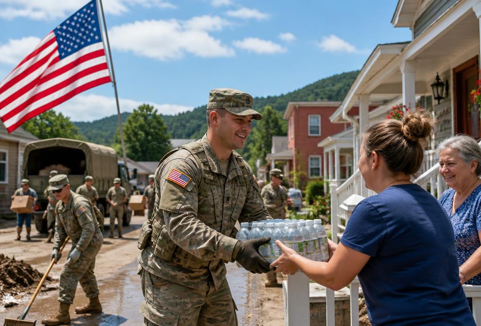 National Guard members delivering supplies to residents in a small American town