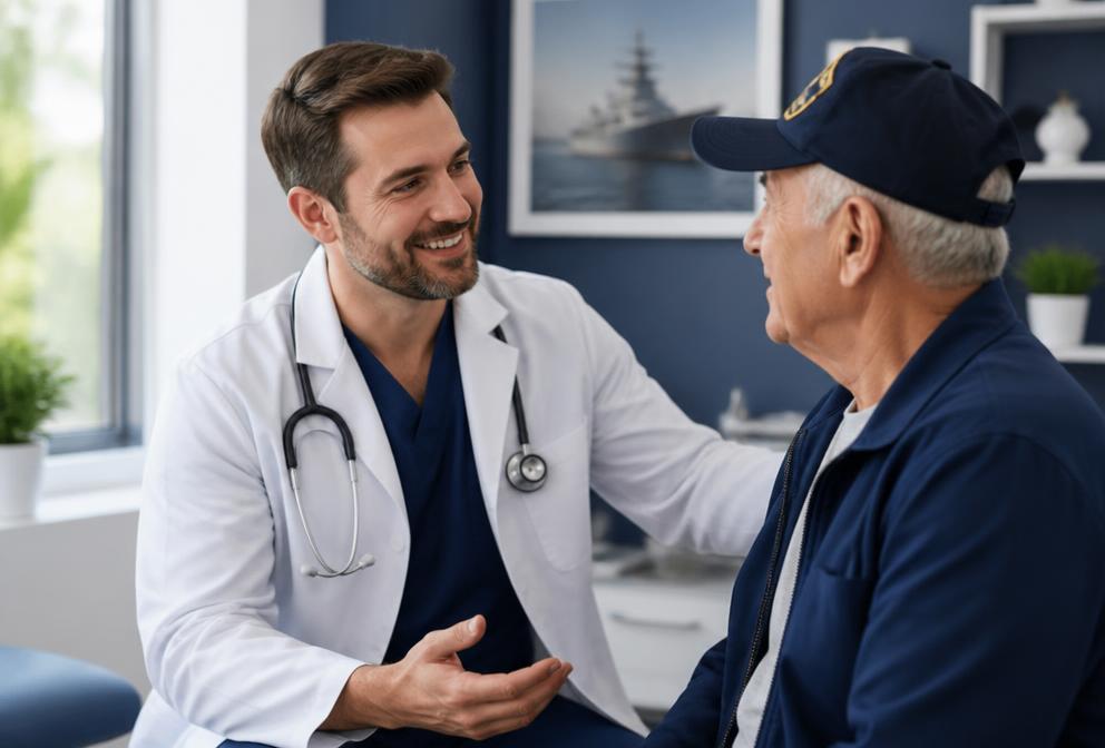 A doctor with a stethoscope speaking warmly with an older veteran patient