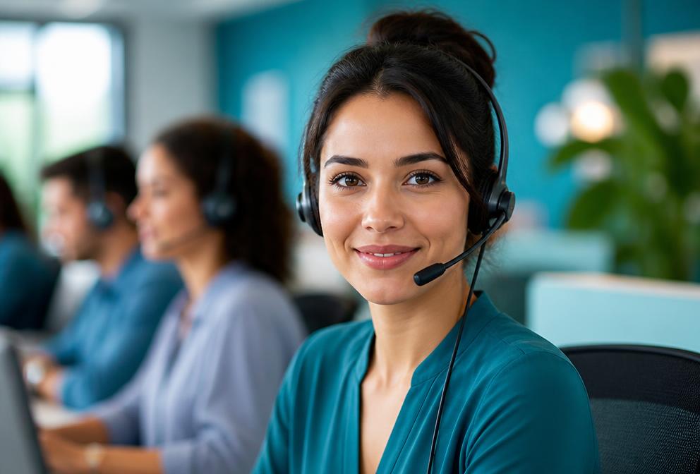 A helpline operator wearing a headset in a bright call center