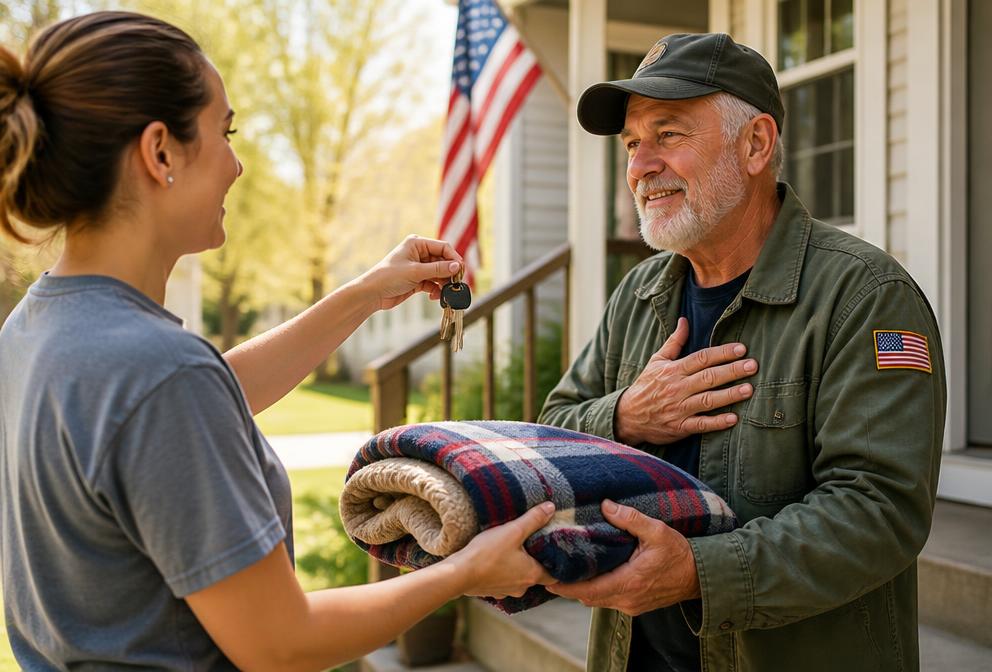 A volunteer handing house keys and a blanket to a grateful veteran on a porch