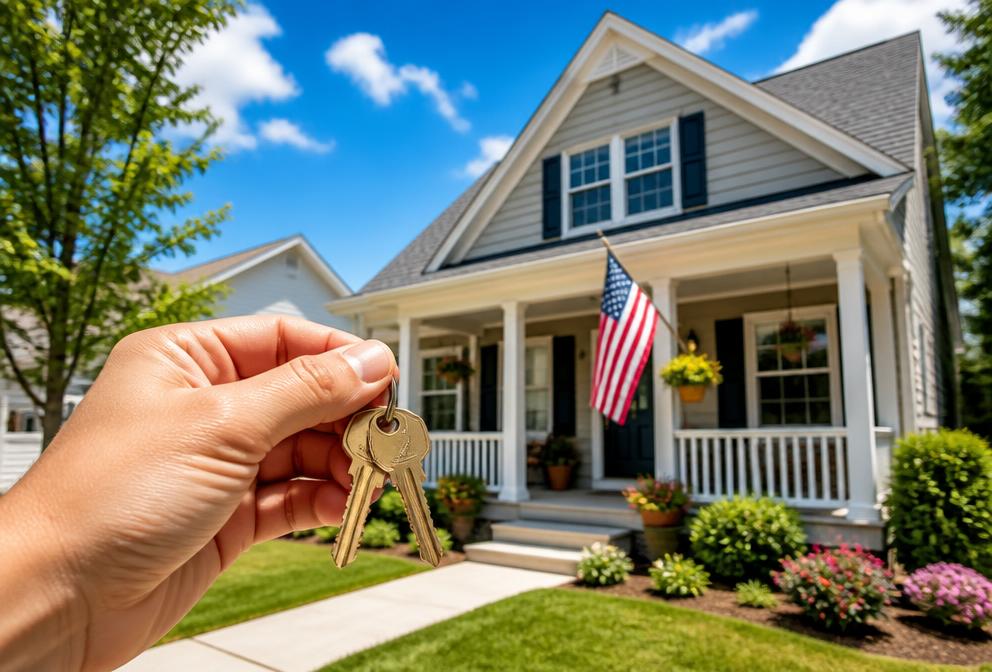 House keys held in front of an American home with a flag on the porch