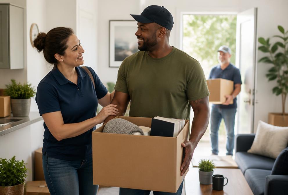 A case manager helping a veteran move boxes into a new apartment