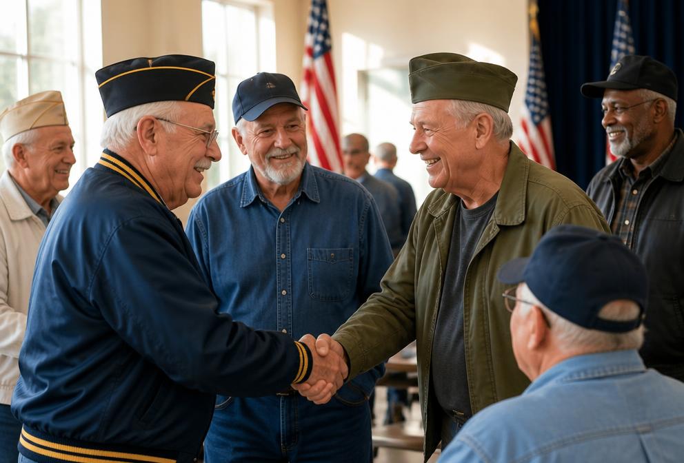 Veterans shaking hands and talking in a community hall with American flags