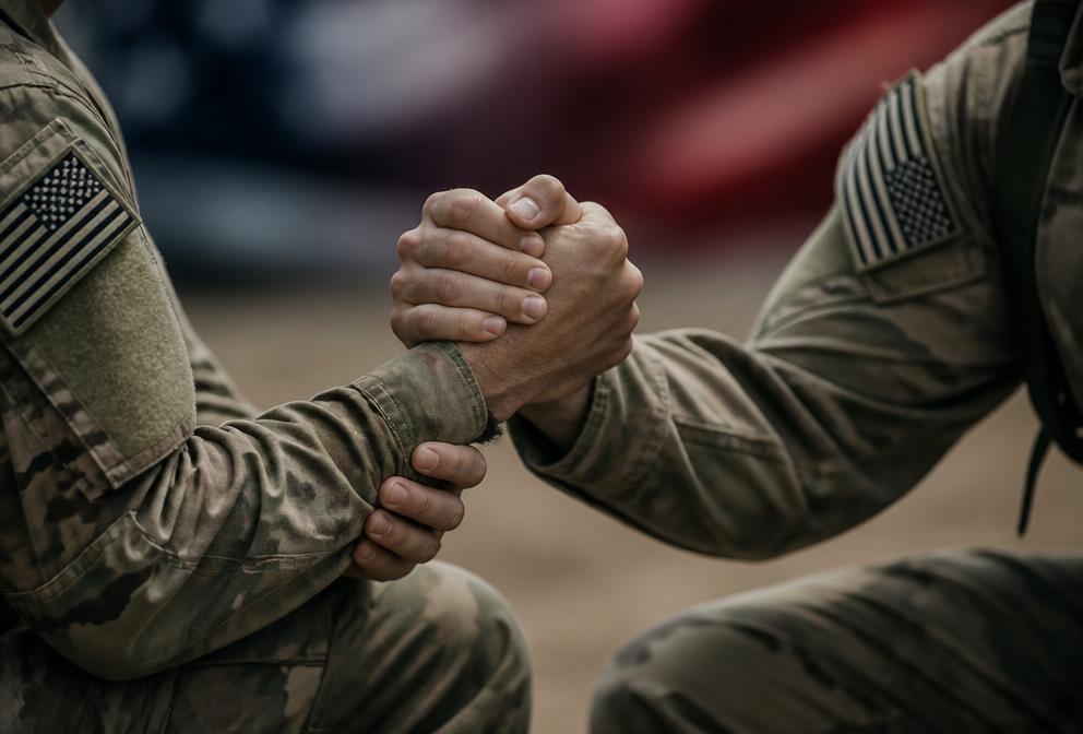 Two servicemen in field uniforms clasping hands and forearms, showing military camaraderie and mutual support