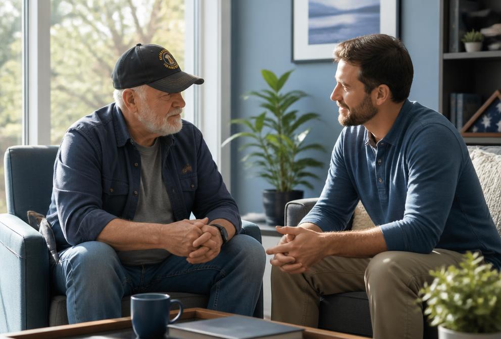 An older veteran talking with a supportive counselor in a bright room