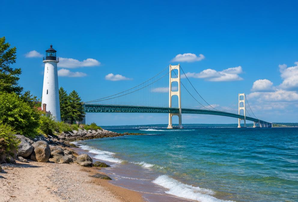 Michigan Great Lakes shoreline with a lighthouse and long suspension bridge