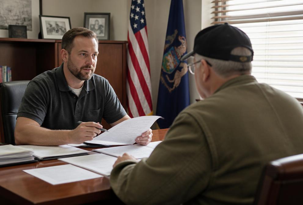 A veterans service officer helping a veteran review benefit paperwork at a county office desk