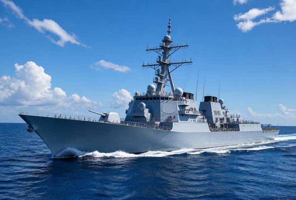 A Navy destroyer underway on open blue ocean water