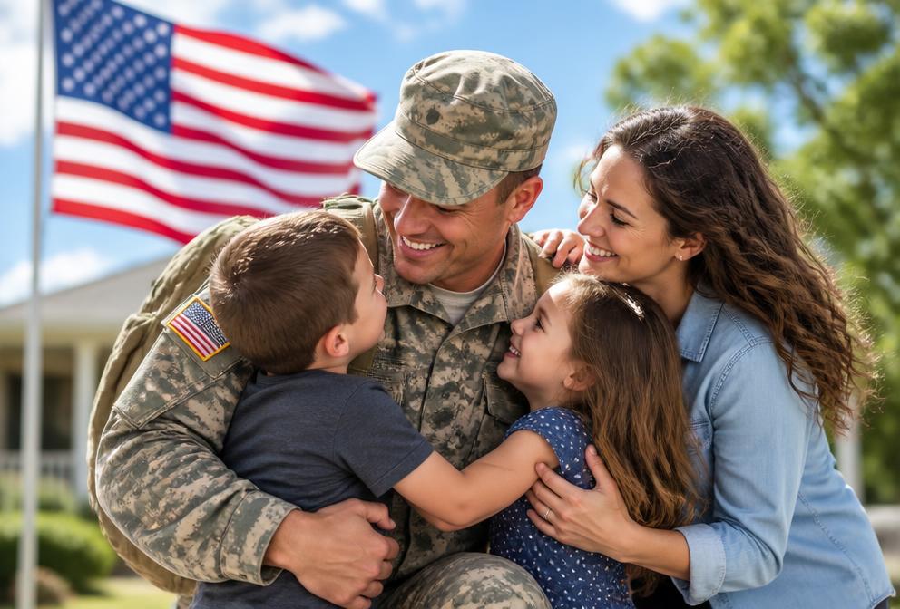 A service member reuniting joyfully with their spouse and two children