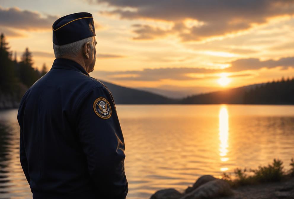 A veteran standing quietly at a lakeshore at golden hour
