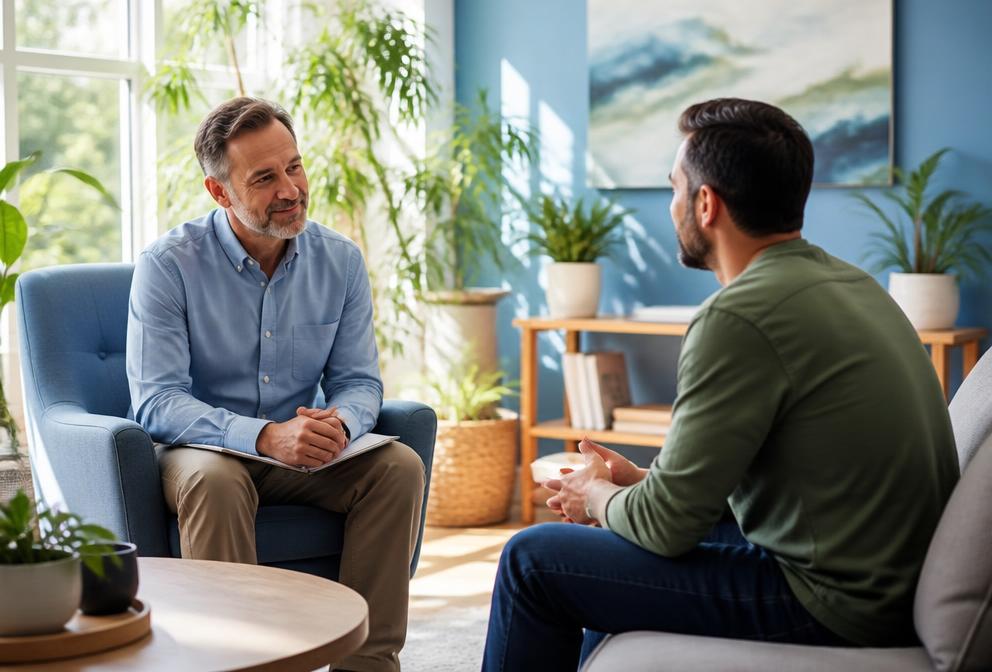A counselor and a man in recovery talking in a bright, plant-filled room