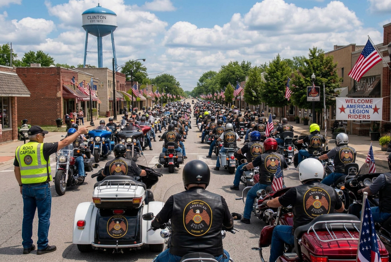 Large formation of American Legion Riders motorcycles on a sunny small-town street with American flags and a road captain in a high-visibility vest
