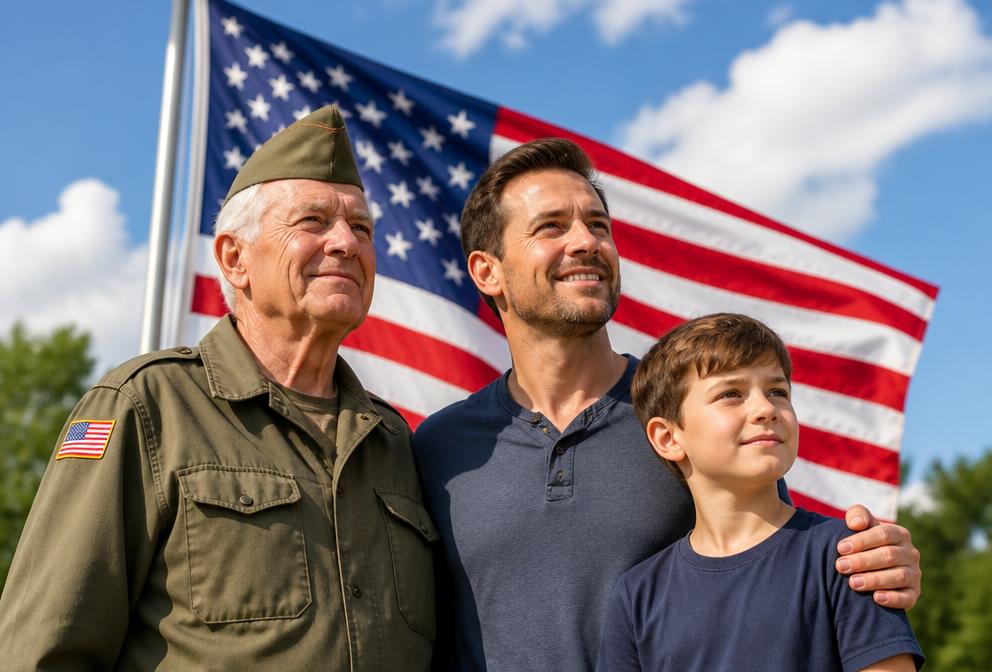 Three generations of an American family standing together in front of a flag