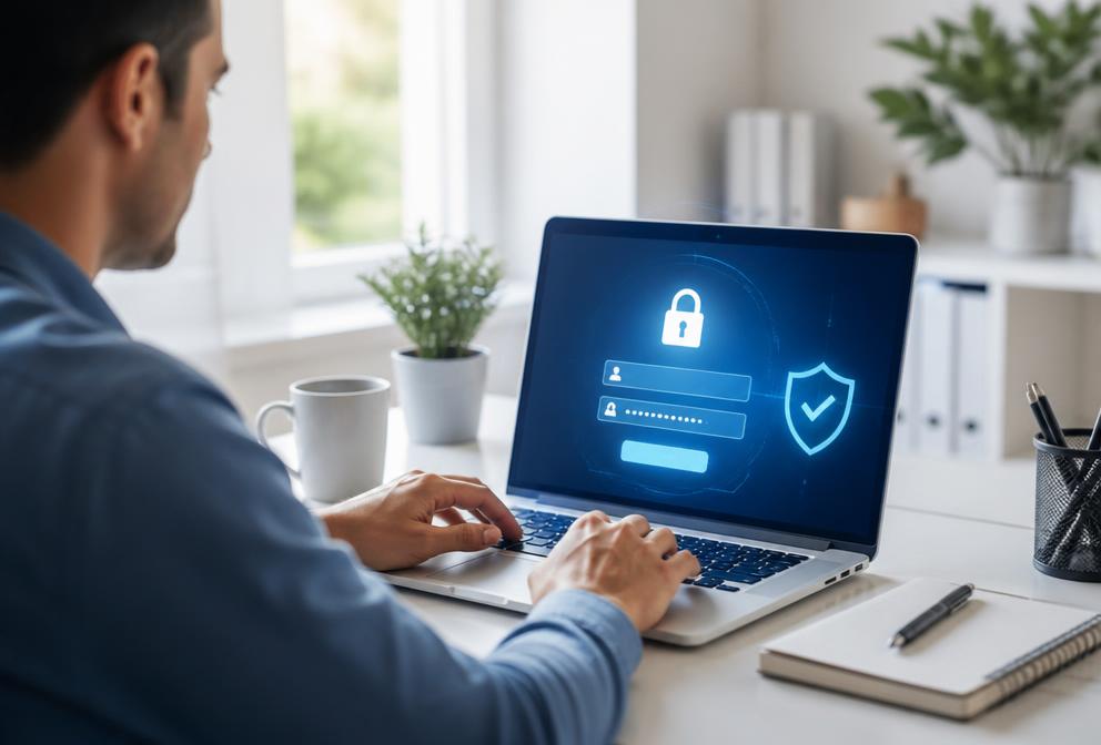 A person signing in securely to an account on a laptop