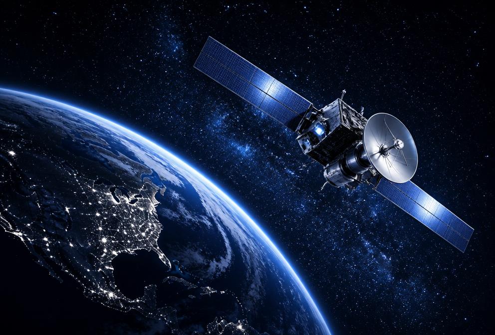 A satellite in orbit above Earth against a starfield
