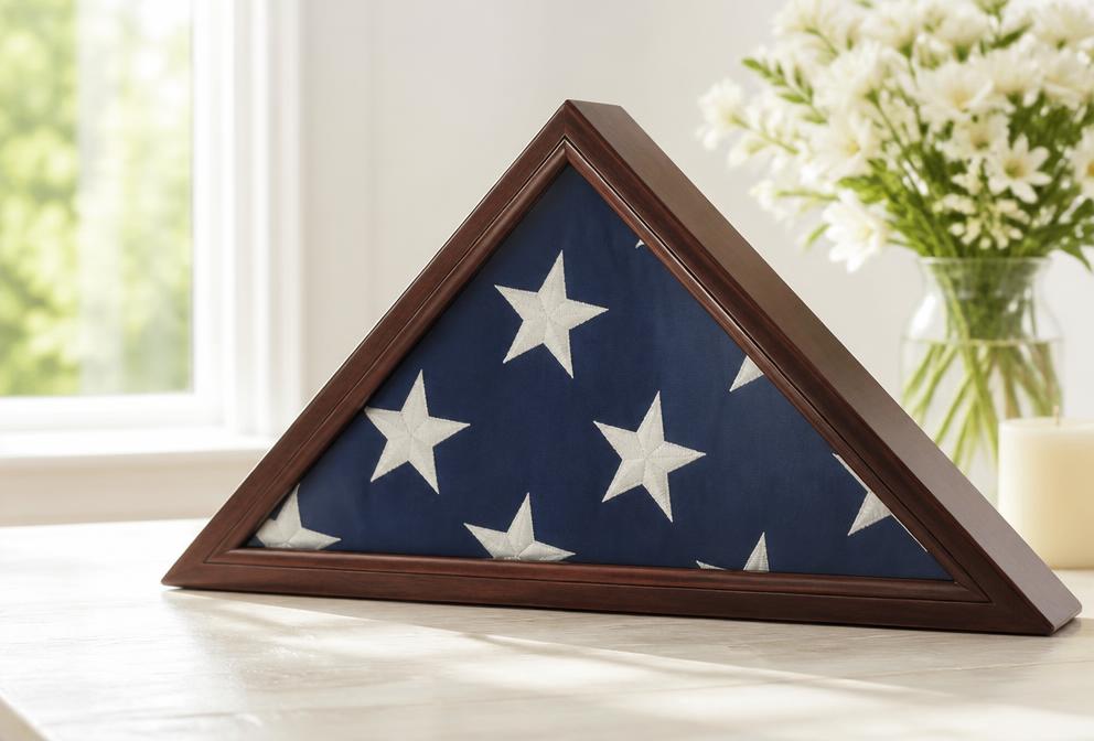 A folded American flag in a wooden display case beside white flowers