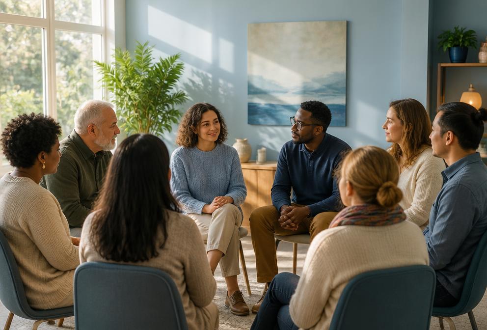 A support group sitting in a circle in a bright, sunlit room